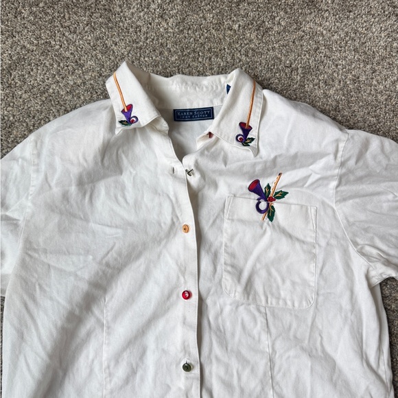Karen Scott White Button-Down Shirt with Multicolor Embroidery - Picture 6 of 10